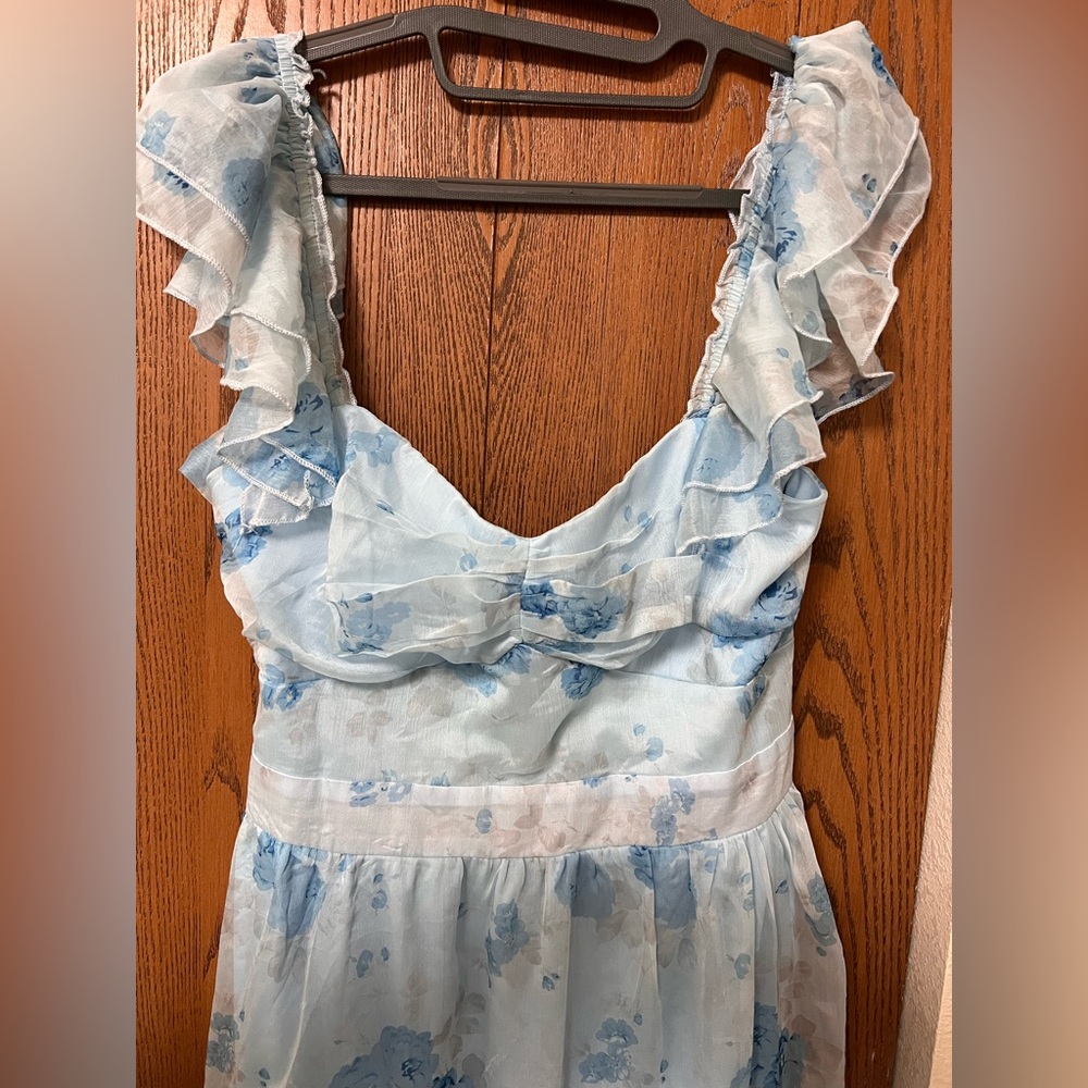 NWT Light Blue Lulus Loveliest Darling Dress XL Floral Ruffled Tie-Back Midi - Picture 10 of 16